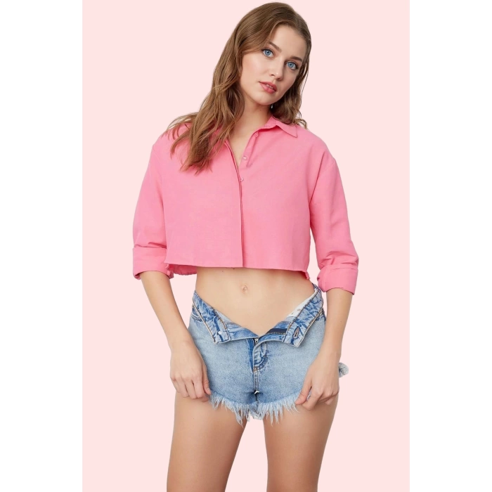 Kadın Oversize Keten Görünümlü Yazlık Crop Gömlek Rahat ve Şık Günlük Stil Kaliteli Malzeme
