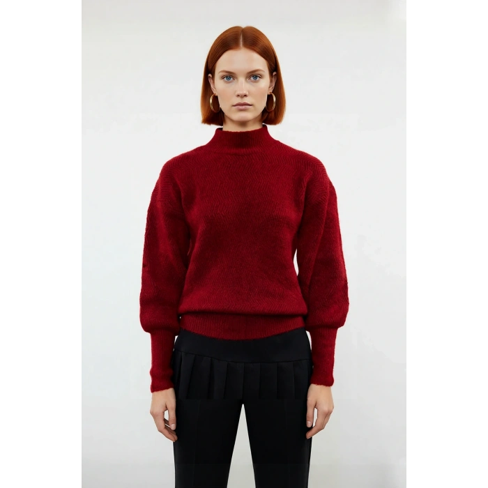 Kadın Oversize Kışlık Triko Kazak Dik Yaka Balon Kol Detaylı Zigzag Desenli Günlük Şıklık Kaliteli