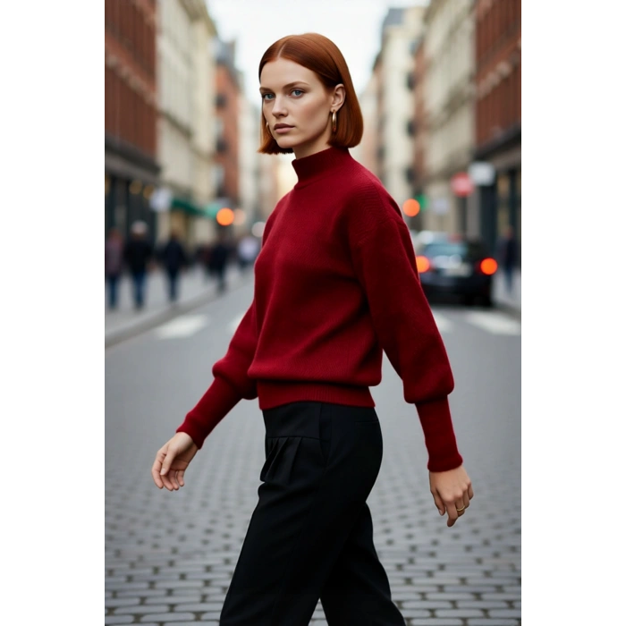 Kadın Oversize Kışlık Triko Kazak Dik Yaka Balon Kol Detaylı Zigzag Desenli Günlük Şıklık Kaliteli