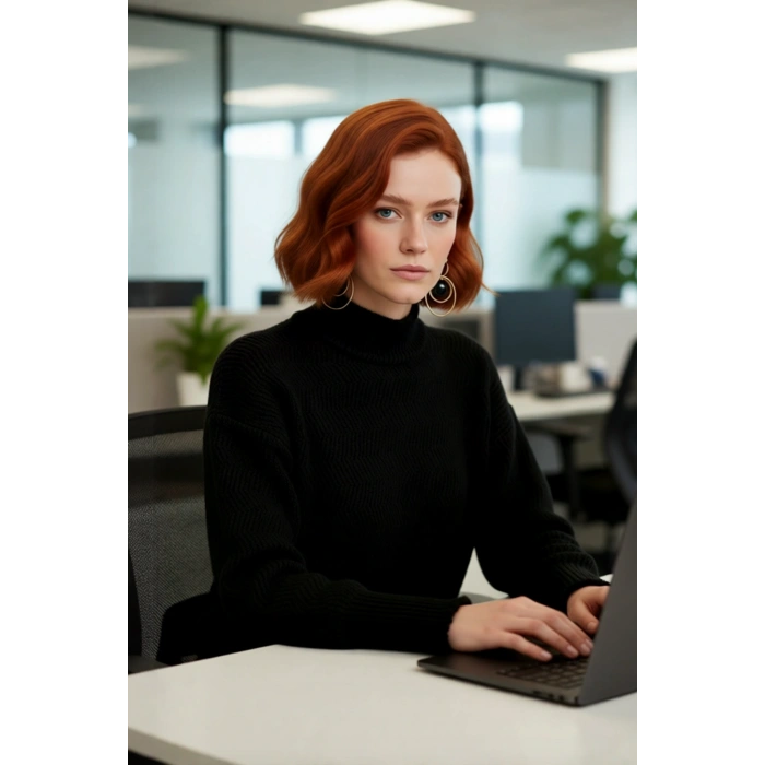 Kadın Oversize Kışlık Triko Kazak Dik Yaka Balon Kol Detaylı Zigzag Desenli Günlük Şıklık Kaliteli