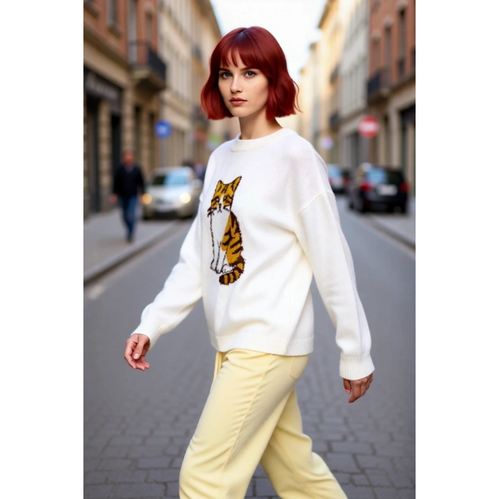 Kadın Oversize Köpek Deseni Bisiklet Yaka Triko Kazak Rahat Şık Kışlık Kombinler İçin İdeal Seçim