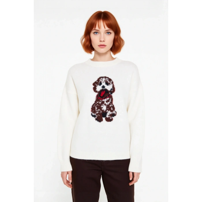 Kadın Oversize Köpek Deseni Bisiklet Yaka Triko Kazak Rahat Şık Kışlık Kombinler İçin İdeal Seçim