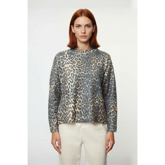 Kadın Oversize Leopar Desenli Bisiklet Yaka Düşük Kollu Akrilik Polyester Triko Kazak Rahat Şıklık