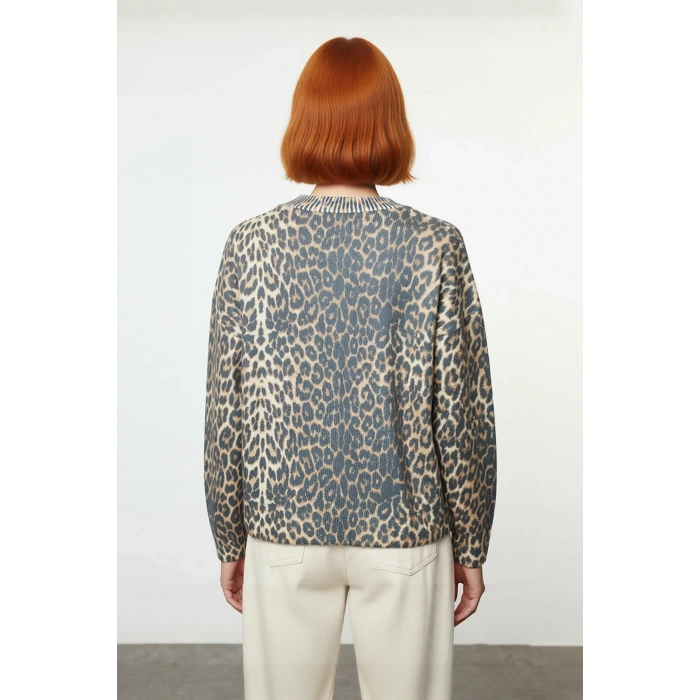 Kadın Oversize Leopar Desenli Bisiklet Yaka Düşük Kollu Akrilik Polyester Triko Kazak Rahat Şıklık
