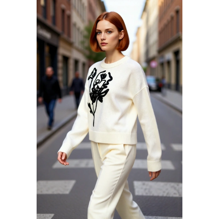 Kadın Oversize Nakışlı İşlemeli Bisiklet Yaka Düşük Kol Triko Kazak Kışlık Soğuk Hava Şıklığı