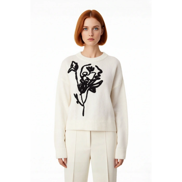 Kadın Oversize Nakışlı İşlemeli Bisiklet Yaka Düşük Kol Triko Kazak Kışlık Soğuk Hava Şıklığı