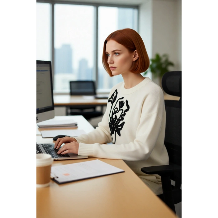 Kadın Oversize Nakışlı İşlemeli Bisiklet Yaka Düşük Kol Triko Kazak Kışlık Soğuk Hava Şıklığı