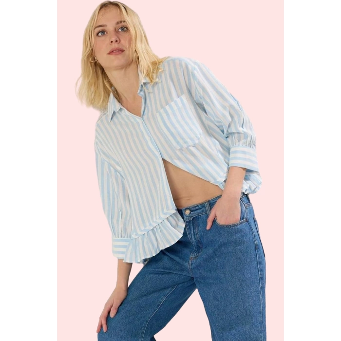 Kadın Oversize Pamuk Gömlek Çizgili Dokuma Terrycotton Kumaş Rahat Yaz Aylarının Vazgeçilmezi