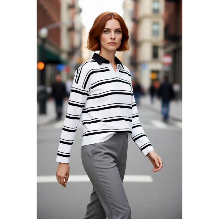Kadın Oversize Polo Yaka Çizgili Triko Kazak Düşük Kol Rahat Kesim Günlük Şıklık İçin İdeal