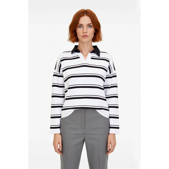 Kadın Oversize Polo Yaka Çizgili Triko Kazak Düşük Kol Rahat Kesim Günlük Şıklık İçin İdeal