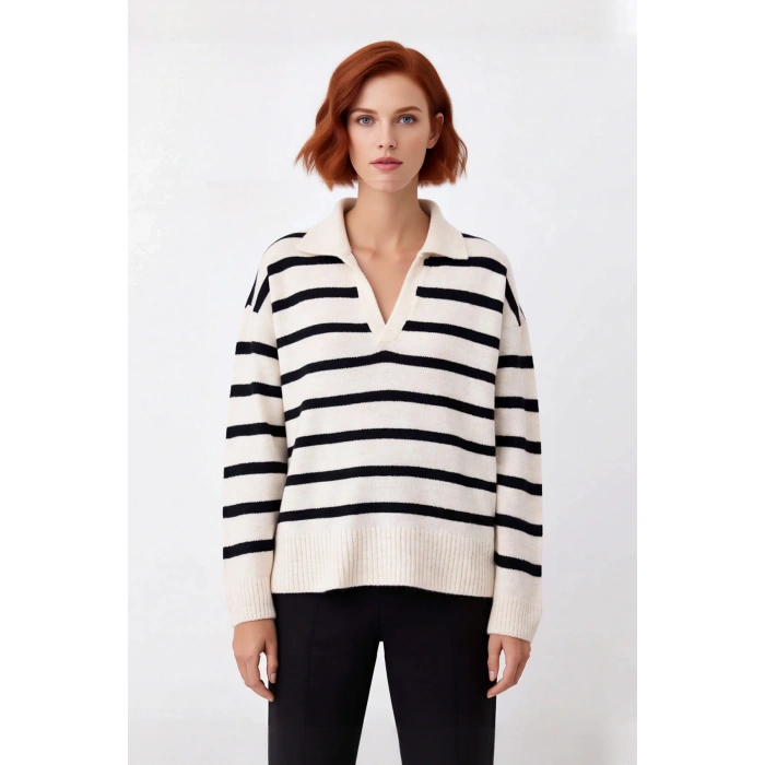 Kadın Oversize Polo Yaka Çizgili Triko Kazak Rahat Dokusuyla Kış Sonbahar Kombinlerinin Vazgeçilmezi