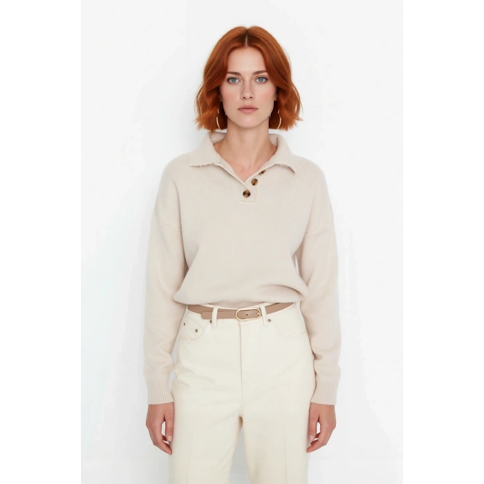 Kadın Oversize Polo Yaka Düşük Kol Basic Triko Kazak Kış Sezonu İçin Konforlu ve Şık Bir Tercih