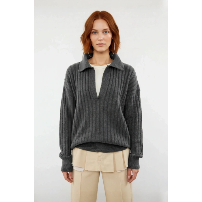 Kadın Oversize Polo Yaka Düşük Kol Fitilli Triko Kazak Kışlık Günlük Şıklığı Tamamlayan Konforlu