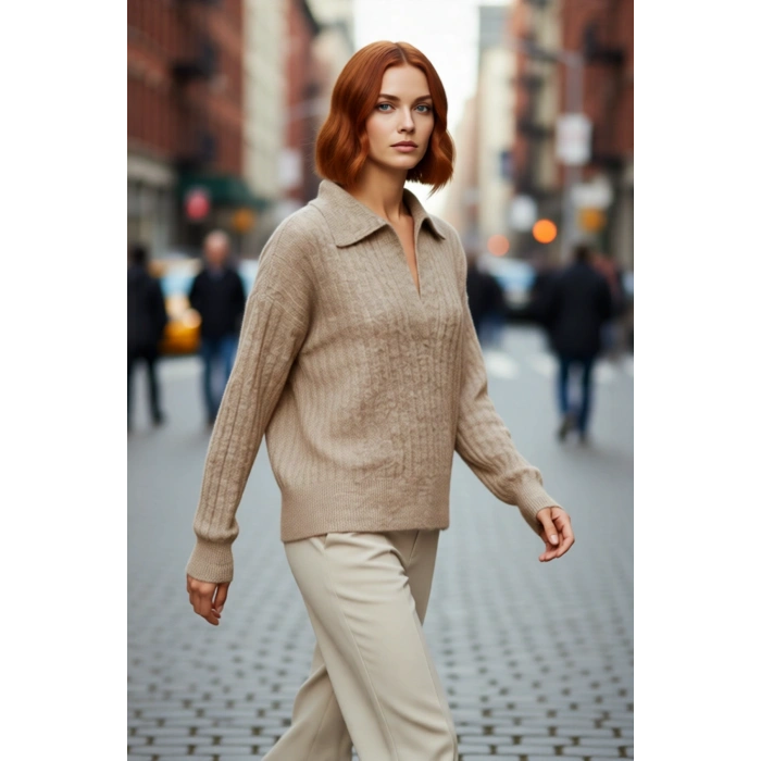 Kadın Oversize Polo Yaka Düşük Kol Fitilli Triko Kazak Kışlık Günlük Şıklığı Tamamlayan Konforlu