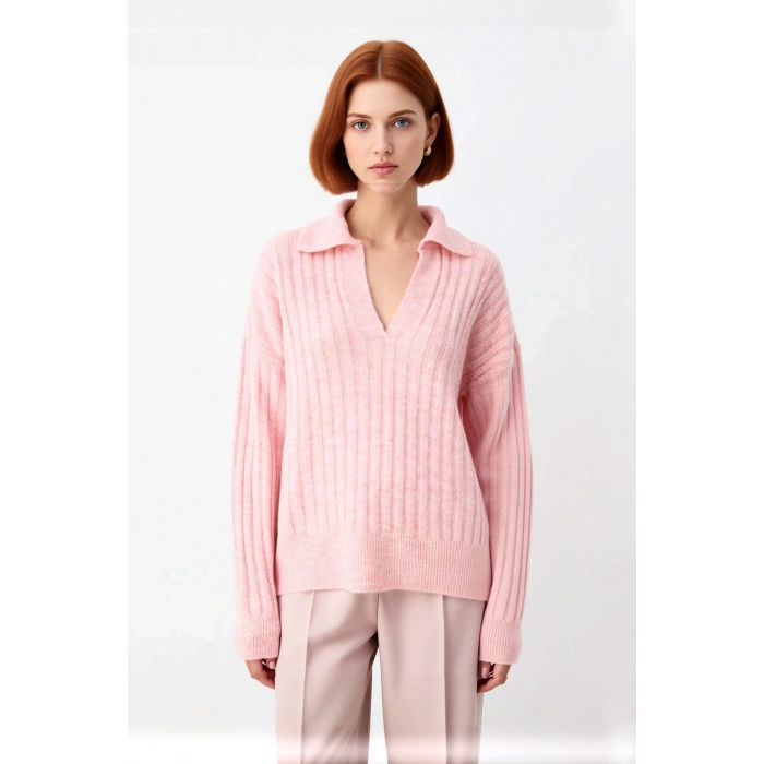 Kadın Oversize Polo Yaka Düşük Kol Fitilli Triko Kazak Kışlık Günlük Şıklığı Tamamlayan Konforlu