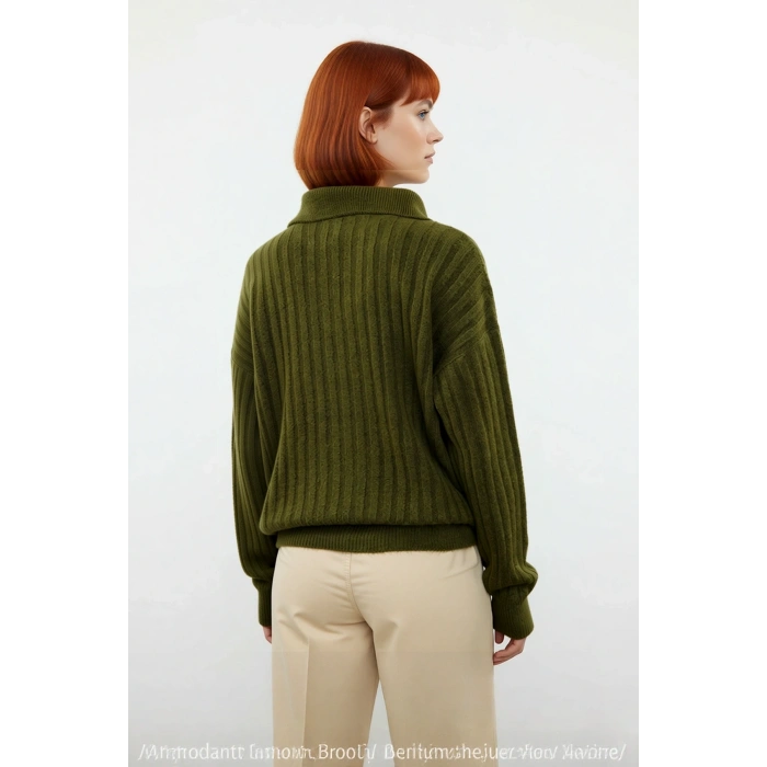 Kadın Oversize Polo Yaka Düşük Kol Fitilli Triko Kazak Kışlık Günlük Şıklığı Tamamlayan Konforlu