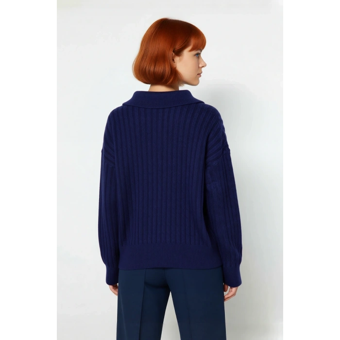 Kadın Oversize Polo Yaka Düşük Kol Fitilli Triko Kazak Kışlık Günlük Şıklığı Tamamlayan Konforlu