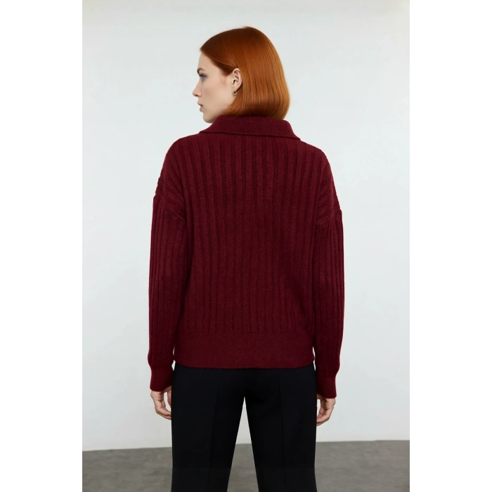 Kadın Oversize Polo Yaka Düşük Kol Fitilli Triko Kazak Kışlık Günlük Şıklığı Tamamlayan Konforlu