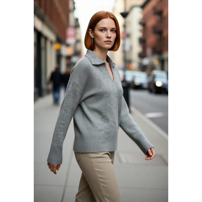 Kadın Oversize Polo Yaka Düşük Kol Triko Kazak Kışlık Kombinlerinize Modern Rahatlık Katacak Şık