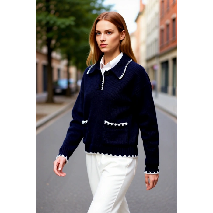 Kadın Oversize Polo Yaka Renk Bloklu Triko Kazak Kışlık Günlük Rahat ve Şık Kombinler İçin İdeal