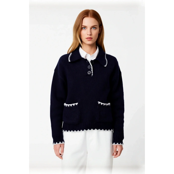 Kadın Oversize Polo Yaka Renk Bloklu Triko Kazak Kışlık Günlük Rahat ve Şık Kombinler İçin İdeal