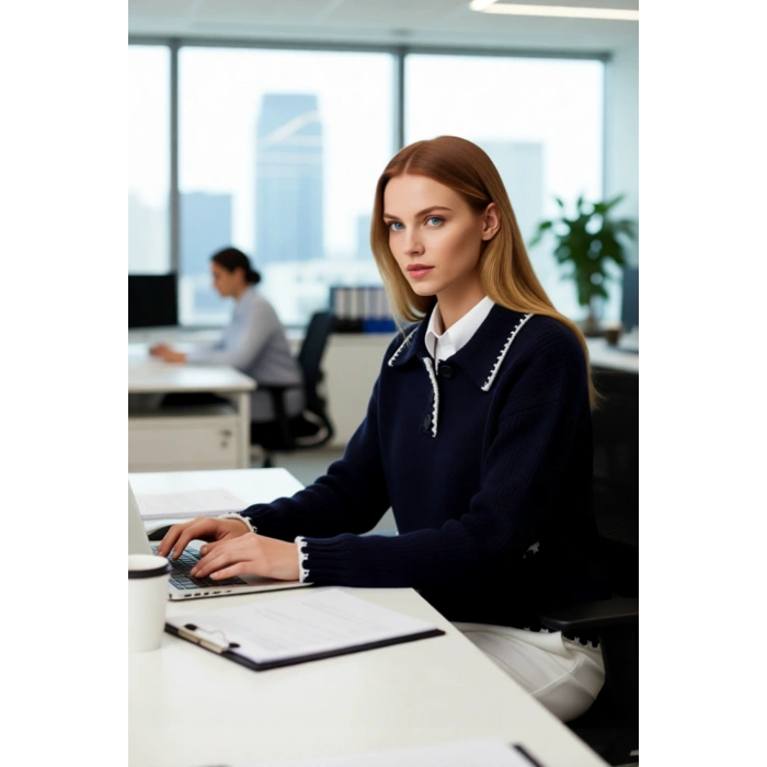 Kadın Oversize Polo Yaka Renk Bloklu Triko Kazak Kışlık Günlük Rahat ve Şık Kombinler İçin İdeal