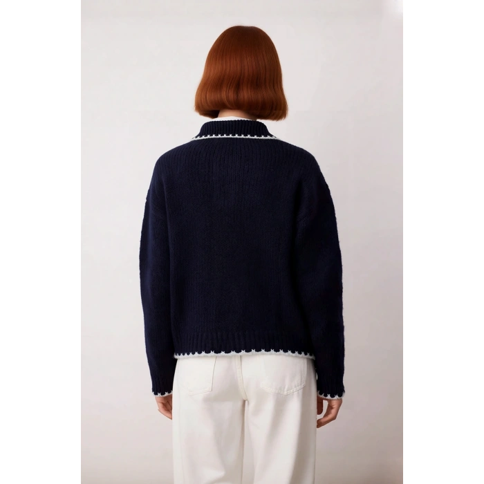 Kadın Oversize Polo Yaka Renk Bloklu Triko Kazak Kışlık Günlük Rahat ve Şık Kombinler İçin İdeal