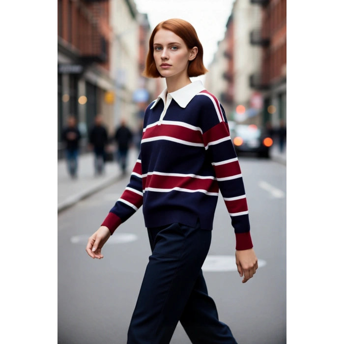 Kadın Oversize Polo Yaka Triko Kazak Renk Bloklu Düşük Kol Rahat Gündelik Kışlık Şıklık Sunar