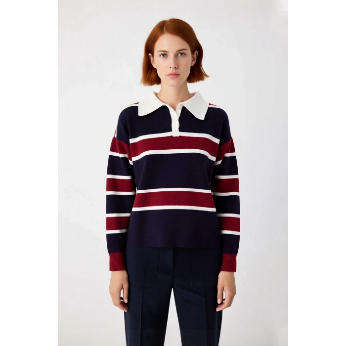 Kadın Oversize Polo Yaka Triko Kazak Renk Bloklu Düşük Kol Rahat Gündelik Kışlık Şıklık Sunar