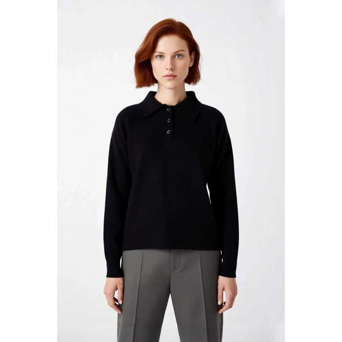 Kadın Oversize Polo Yaka Triko Kazak Renk Bloklu Düşük Kol Rahat Gündelik Kışlık Şıklık Sunar