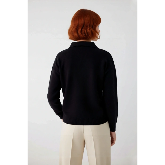 Kadın Oversize Polo Yaka Triko Kazak Renk Bloklu Düşük Kol Rahat Gündelik Kışlık Şıklık Sunar