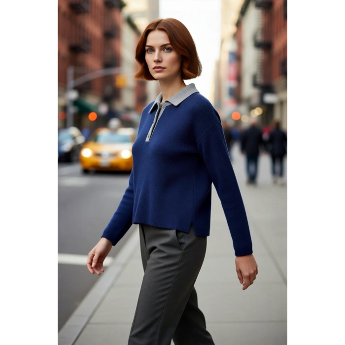 Kadın Oversize Polo Yaka Triko Kazak Renk Bloklu Yumuşak Dokulu Rahat Kışlık Giyim Şıklığı