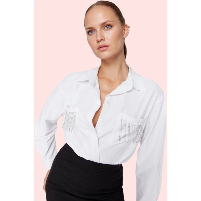Kadın Oversize Poplin Gömlek Düz Desen Düğmeli Kış Mevsimi Şık Günlük Kullanım Özel Günler