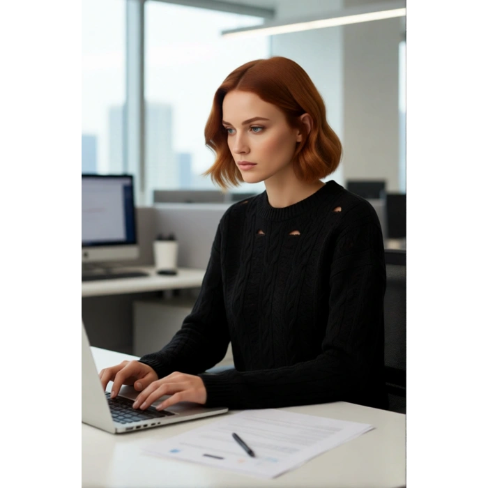 Kadın Oversize Rahat Ajurlu Delikli Bisiklet Yaka Düşük Kol Crop Triko Kazak Gündelik Şıklık