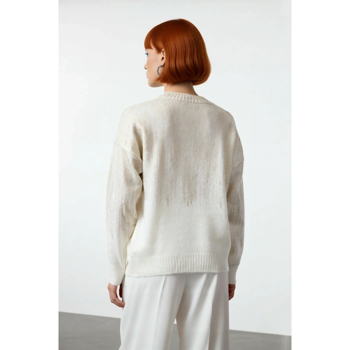 Kadın Oversize Rahat Kesim Basic Gri Metalik Triko Uzun Kollu Bisiklet Yaka Kışlık Kazak Kaliteli