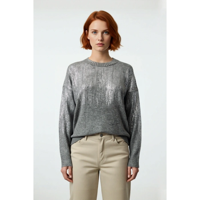 Kadın Oversize Rahat Kesim Basic Gri Metalik Triko Uzun Kollu Bisiklet Yaka Kışlık Kazak Kaliteli