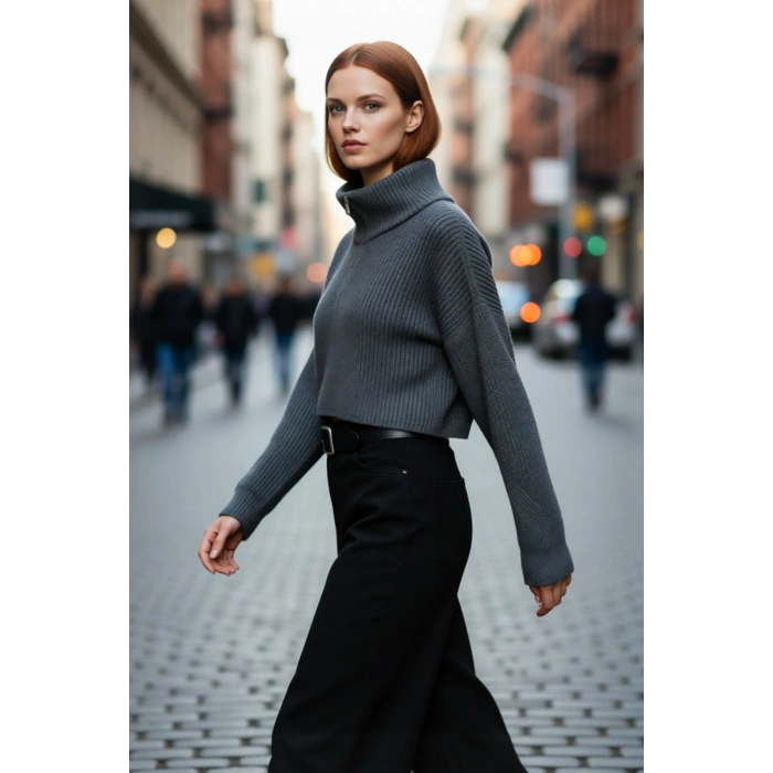 Kadın Oversize Rahat Kesim Crop Fermuarlı Dik Yaka Akrilik Triko Kazak Soğuk Günler İçin İdeal