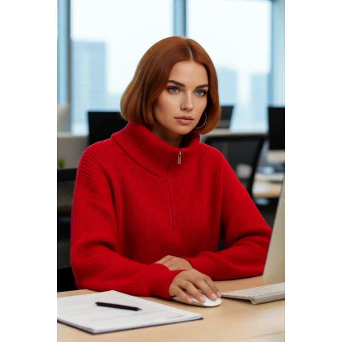 Kadın Oversize Rahat Kesim Crop Fermuarlı Dik Yaka Akrilik Triko Kazak Soğuk Günler İçin İdeal