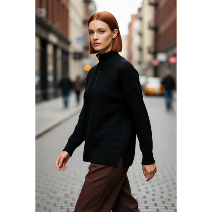 Kadın Oversize Rahat Kesim Düşük Kol Fermuarlı Dik Yaka Triko Selanik Örgü Uzun Kollu Kazak