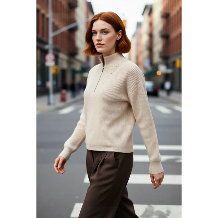 Kadın Oversize Rahat Kesim Düşük Kol Fermuarlı Dik Yaka Triko Selanik Örgü Uzun Kollu Kazak