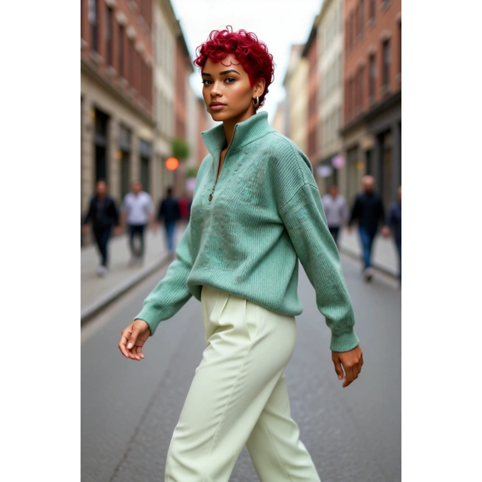 Kadın Oversize Rahat Kesim Düşük Kol Fermuarlı Dik Yaka Triko Selanik Örgü Uzun Kollu Kazak