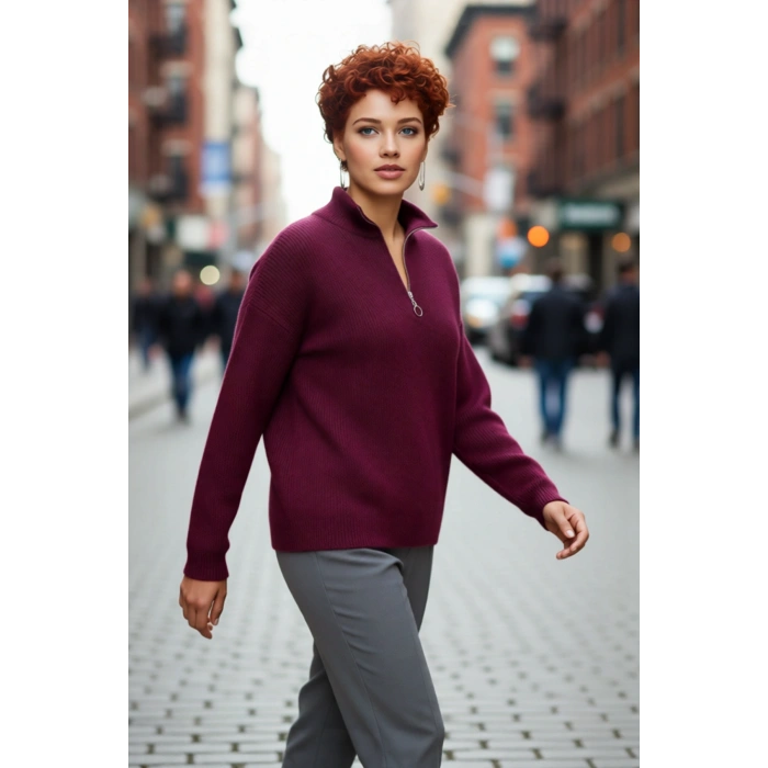 Kadın Oversize Rahat Kesim Düşük Kol Fermuarlı Dik Yaka Triko Selanik Örgü Uzun Kollu Kazak