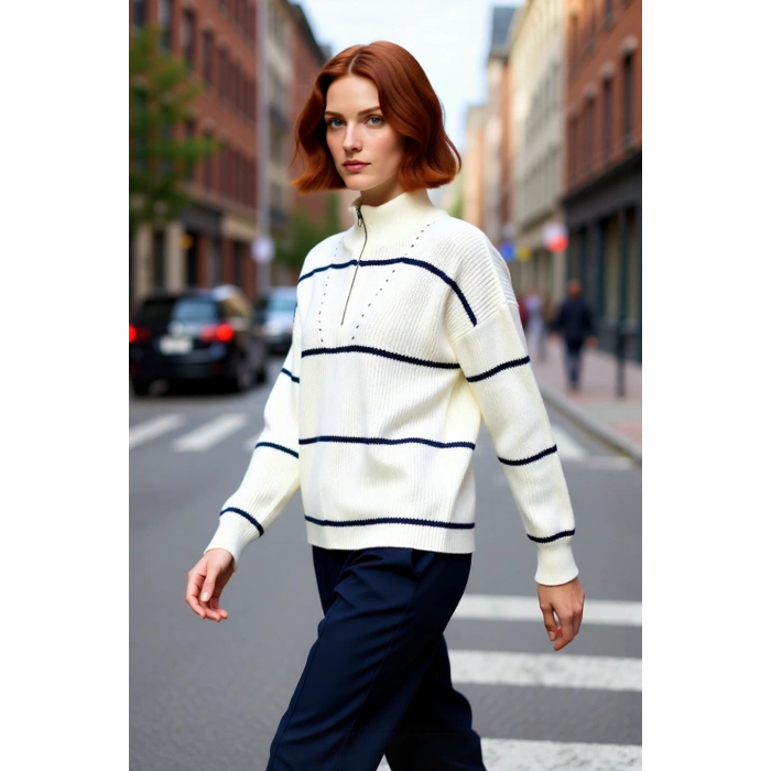 Kadın Oversize Rahat Kesim Düşük Kol Fermuarlı Dik Yaka Triko Selanik Örgü Uzun Kollu Kazak