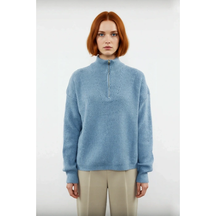 Kadın Oversize Rahat Kesim Düşük Kol Fermuarlı Dik Yaka Triko Selanik Örgü Uzun Kollu Kazak