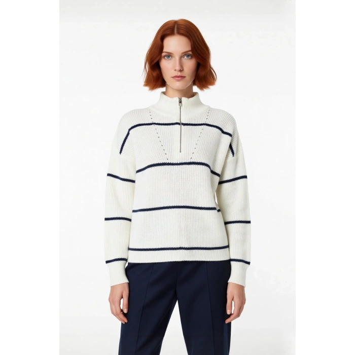 Kadın Oversize Rahat Kesim Düşük Kol Fermuarlı Dik Yaka Triko Selanik Örgü Uzun Kollu Kazak