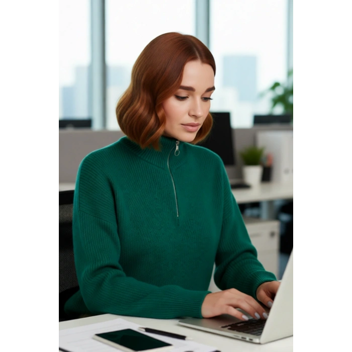 Kadın Oversize Rahat Kesim Düşük Kol Fermuarlı Dik Yaka Triko Selanik Örgü Uzun Kollu Kazak