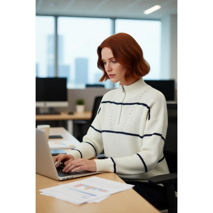 Kadın Oversize Rahat Kesim Düşük Kol Fermuarlı Dik Yaka Triko Selanik Örgü Uzun Kollu Kazak