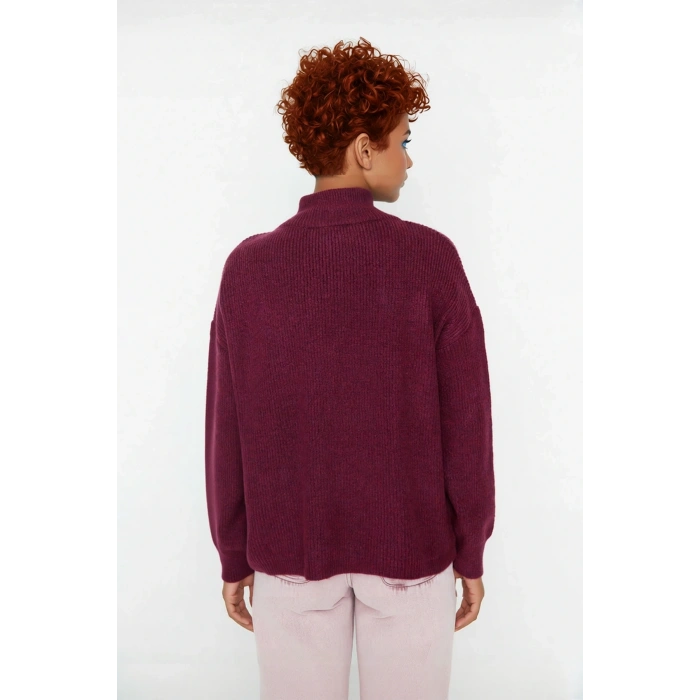 Kadın Oversize Rahat Kesim Düşük Kol Fermuarlı Dik Yaka Triko Selanik Örgü Uzun Kollu Kazak