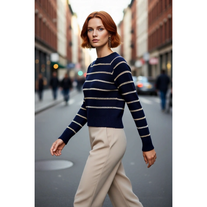 Kadın Oversize Reglan Kol Lacivert Çizgili Triko Kazak Modası Kış Mevsimine Özel Şıklık Kaliteli