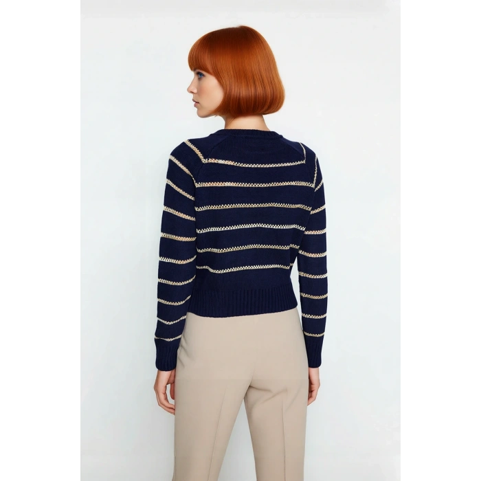 Kadın Oversize Reglan Kol Lacivert Çizgili Triko Kazak Modası Kış Mevsimine Özel Şıklık Kaliteli